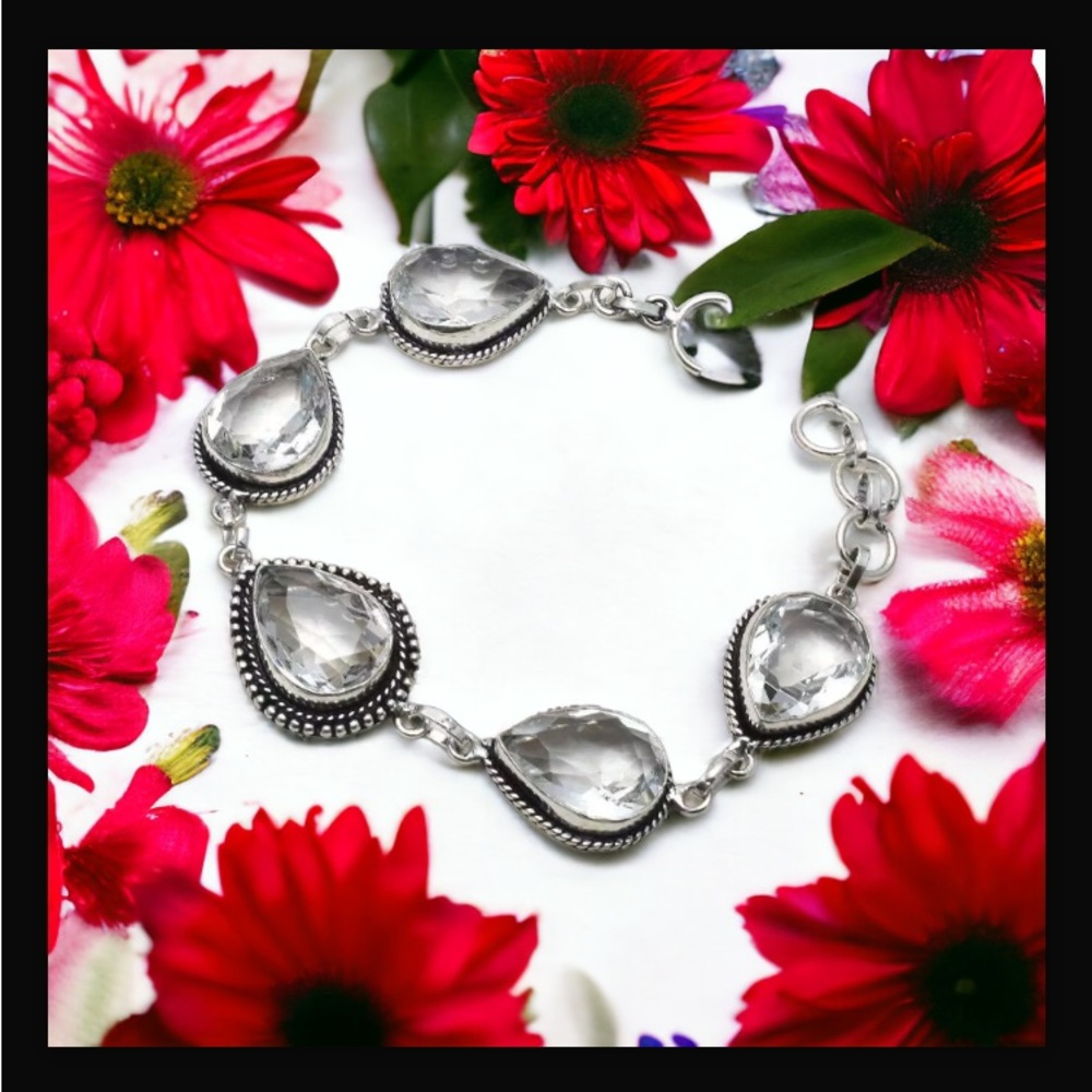 White Topaz Gemstone Handcrafted In India Toggle Bracelet Size 7-8” New W Tags